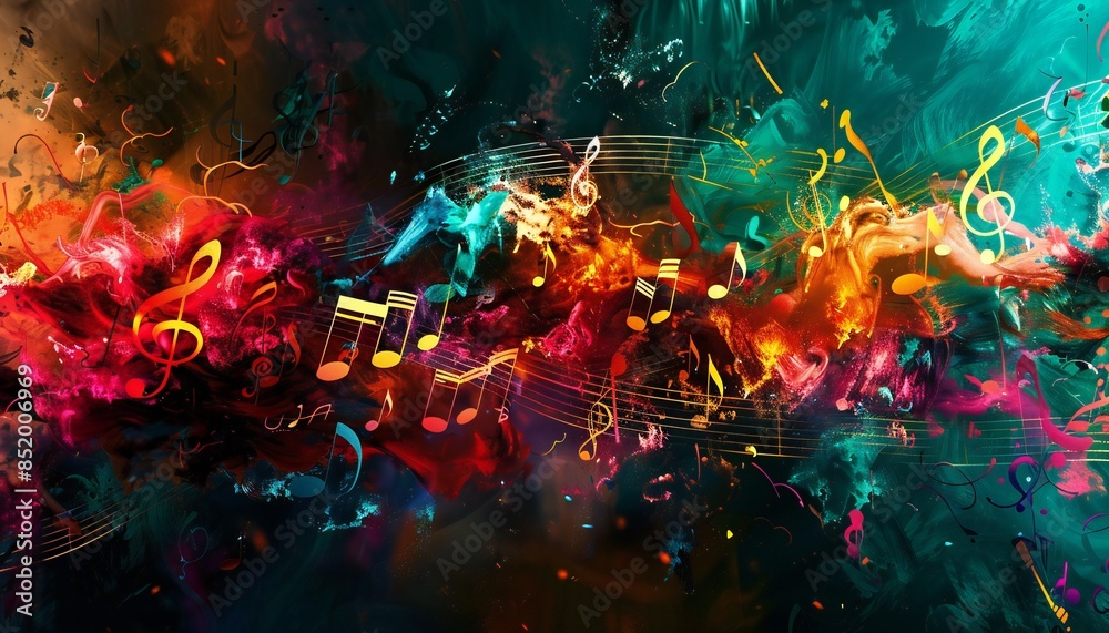 A musical instrument is surrounded by notes and sound waves A musical instrument is surrounded by notes and sound waves
