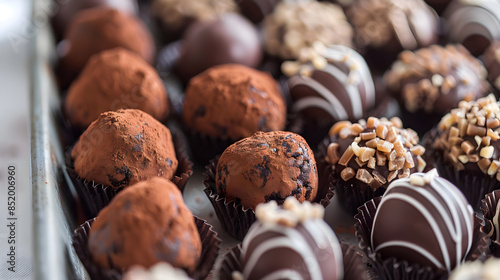 A tray holds six luxurious chocolate truffles, each one handcrafted with unique designs and flavors. photo