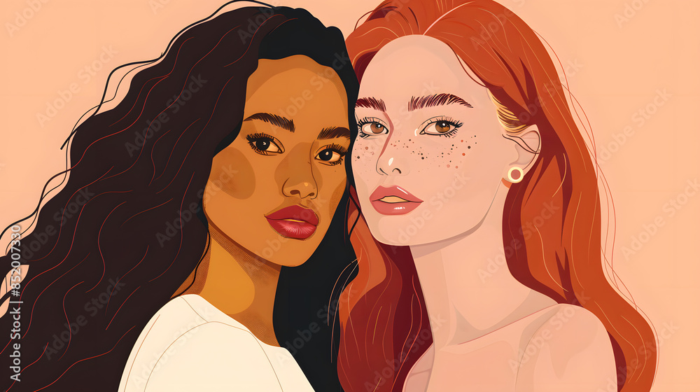 Portrait of a two young women. Faces of fashion models. Couple of LGBTQ. Vector flat illustration