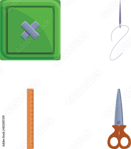 Sewing tool icons set cartoon vector. Needle, fabric piece, scissors and ruler. Dressmaking, tailor shop