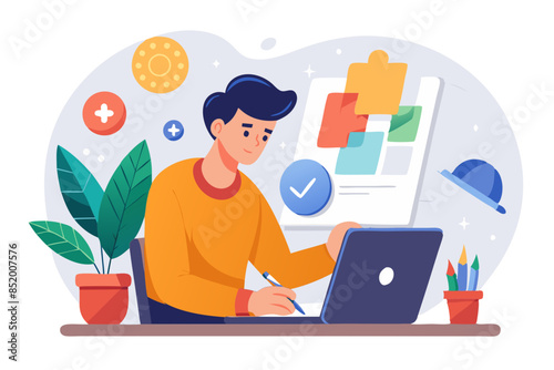 Graphic designer drawing sketches logo design modern flat design simple vector illustration isolated transparent background