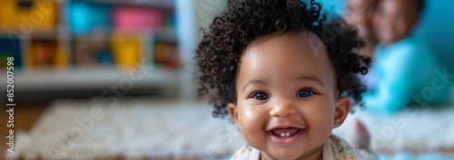 A cute smiling African American baby girl with curly hair playing photo