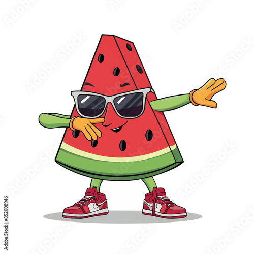 Cartoon slice of watermelon with arms and legs, wearing sunglasses and red sneakers
