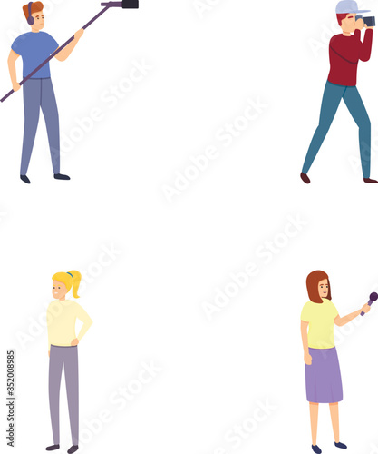 Journalist icons set cartoon vector. Reporter with microphone and cameraman. Television industry