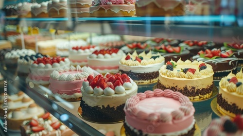 A variety of beautifully decorated strawberry cakes are showcased in a bakery, presented on glass shelves