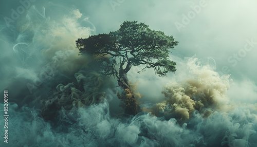 Lebanon cedar tree standing in a cloud of smoke