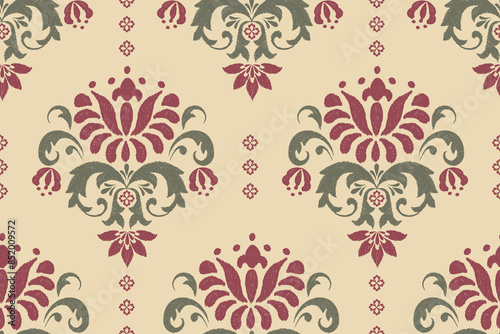 Ikat abstract background art. Ethnic tribal, boho seamless wallpaper. Motif ethnic handmade beautiful Ikat art. Ethnic abstract floral red background art.