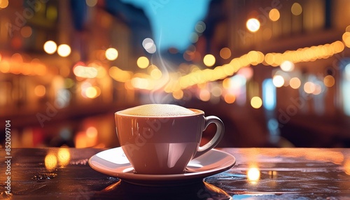 Wallpaper Mural a cup of hot coffee with foam on the table against the backdrop of the night bokeh of the city
 Torontodigital.ca