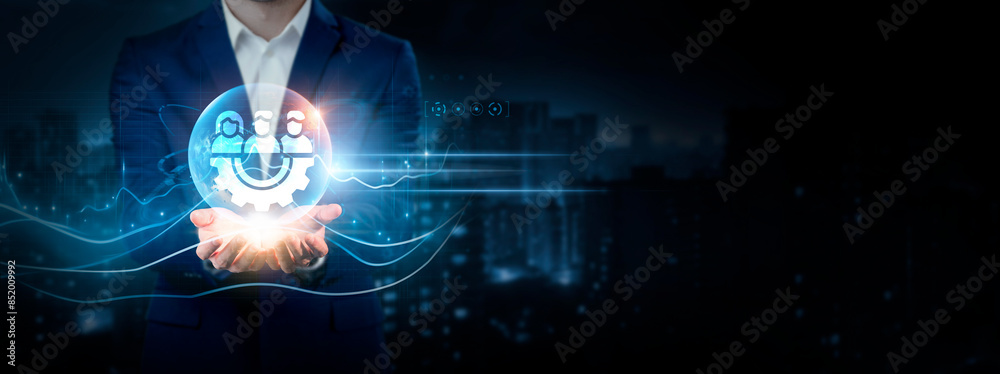 Teamwork-Oriented Businessman Holding Global Network Connection of Data. Global Business Collaboration, Coordination, Communication, Productivity. Technical Interface on Cyberspace. Teamwork-Oriented Businessman Holding Global Network Connection of Data. Global Business Collaboration, Coordination, Communication, Productivity. Technical Interface on Cyberspace.