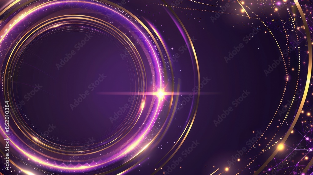 Abstract purple background with golden rays and circles, glowing light effects, and text space for event name or message Abstract purple background with golden rays and circles, glowing light effects, and text space for event name or message