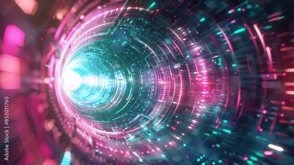 Naklejka premium A tunnel with neon lights and a pink and blue color scheme.