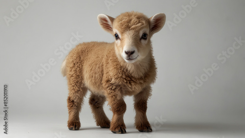 A very cute light brown baby sheep isolated on white background at studio. very cute and beautiful little ram.