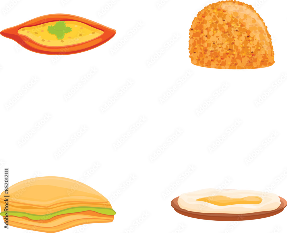 Turkish dish icons set cartoon vector. Various turkish traditional food. Oriental meal Turkish dish icons set cartoon vector. Various turkish traditional food. Oriental meal