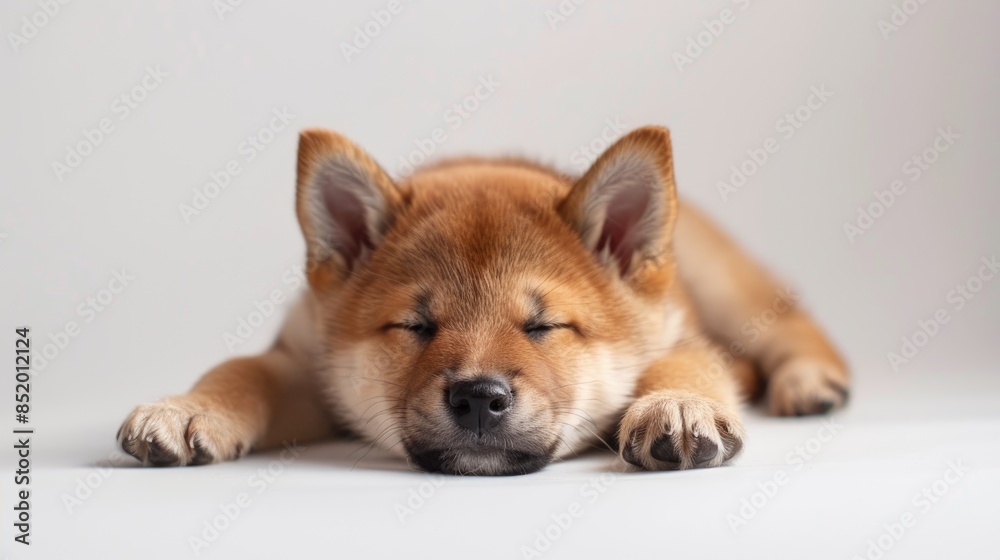 Shiba Inu puppy lying on white studio background looks healthy and groomed Pet care and love concept Shiba Inu puppy lying on white studio background looks healthy and groomed Pet care and love concept