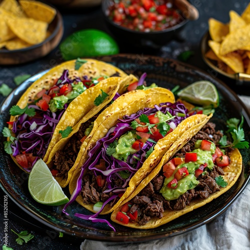 Three small corn tortillas filled with grilled chicken, onions, cilantro, and a splash of lime juice. Served with radish slices and a small bowl of salsa. photo