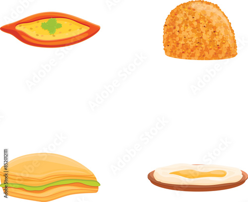 Turkish dish icons set cartoon vector. Various turkish traditional food. Oriental meal