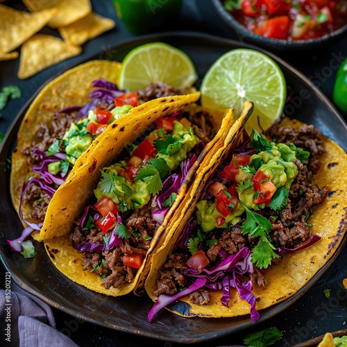 Three small corn tortillas filled with grilled chicken, onions, cilantro, and a splash of lime juice. Served with radish slices and a small bowl of salsa. photo