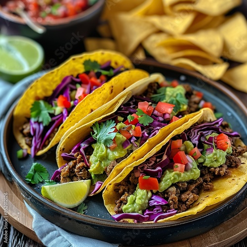 Three small corn tortillas filled with grilled chicken, onions, cilantro, and a splash of lime juice. Served with radish slices and a small bowl of salsa. photo