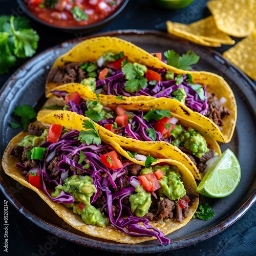 Three small corn tortillas filled with grilled chicken, onions, cilantro, and a splash of lime juice. Served with radish slices and a small bowl of salsa. photo