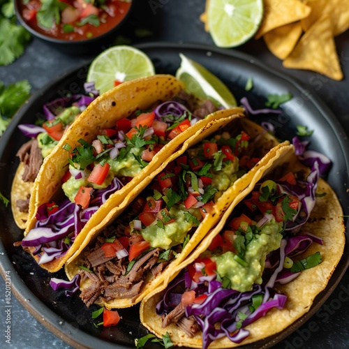 Three small corn tortillas filled with grilled chicken, onions, cilantro, and a splash of lime juice. Served with radish slices and a small bowl of salsa. photo