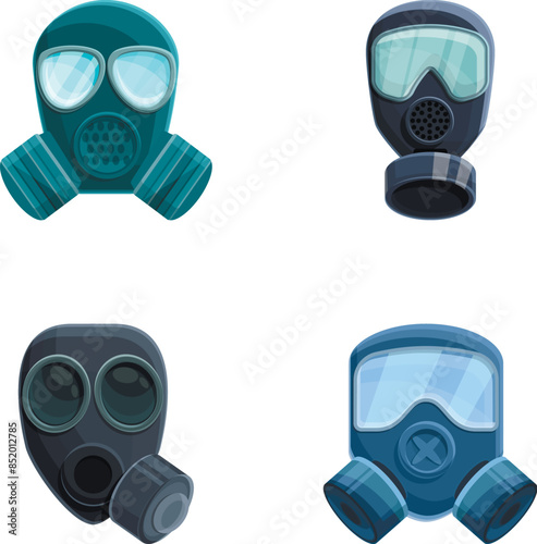Chemical mask icons set cartoon vector. Various type of chemical mask. Environment pollution