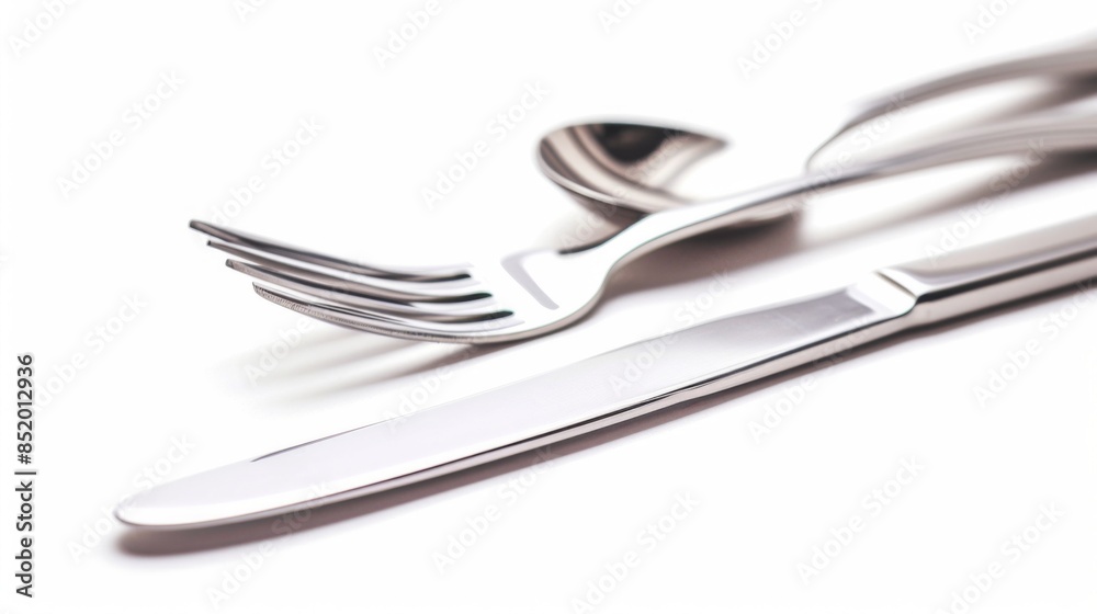 A fork, knife, and spoon are isolated on a white background A fork, knife, and spoon are isolated on a white background