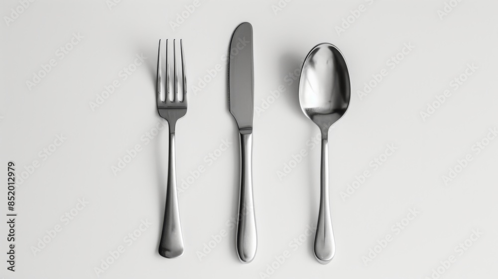 A fork, knife, and spoon are isolated on a white background A fork, knife, and spoon are isolated on a white background