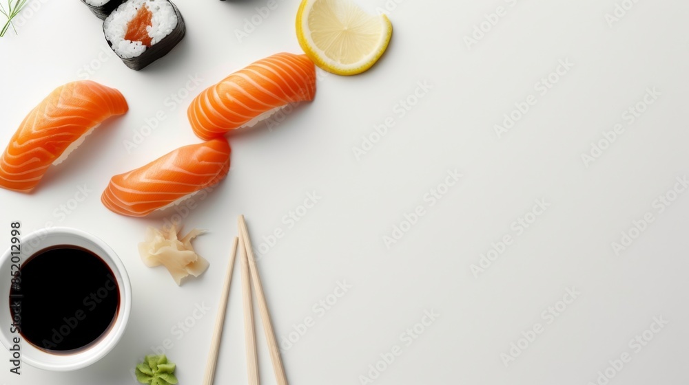 A sushi set is elegantly arranged on a white background A sushi set is elegantly arranged on a white background
