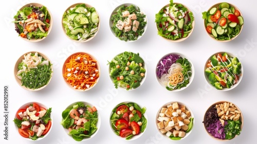 A collection of different salads is displayed on a white background