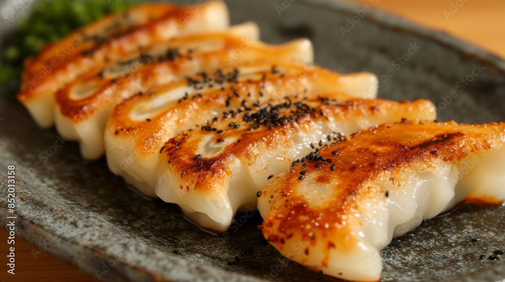 Gyoza, Japanese and Korean dumplings, presented on a gray plate Gyoza, Japanese and Korean dumplings, presented on a gray plate