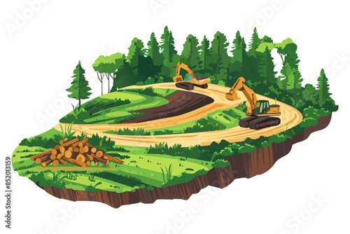 Deforestation and habitat loss. Landscape with logging and land clearance. Work clear cutting for stock of building materials. Vector flat illustration