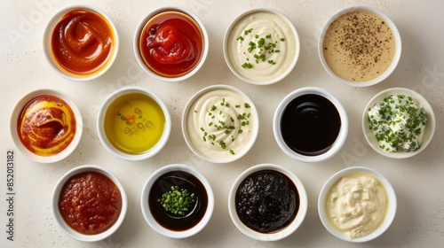A variety of sauces, seasonings, sauces and dressings are beautifully presented for dishes