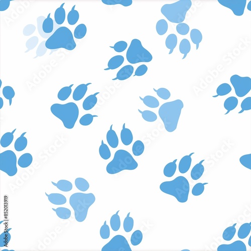 Seamless pattern with blue puppy paw prints on a white background. Ideal for pet products, baby clothing, and playful designs.