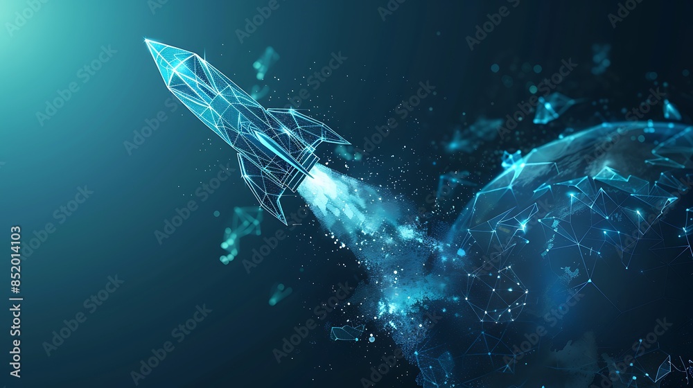 Digital Rocket Flying in Orbit of Earth with Light Blue Technological and Polygonal Science Art Digital Rocket Flying in Orbit of Earth with Light Blue Technological and Polygonal Science Art