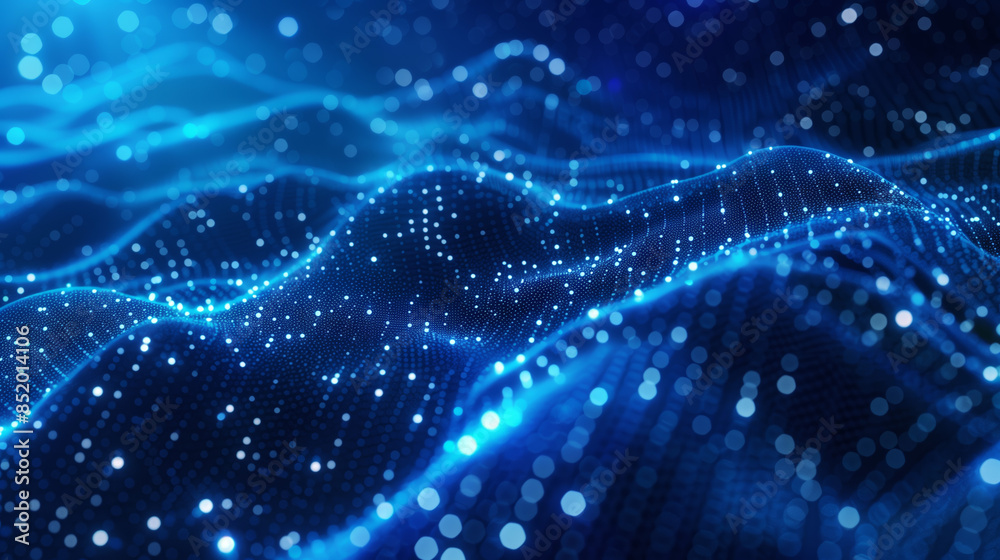 Abstract blue background featuring a dynamic wave of dots and weave lines, creating a sense of fluidity and motion against a dark gradient. Abstract blue background featuring a dynamic wave of dots and weave lines, creating a sense of fluidity and motion against a dark gradient.