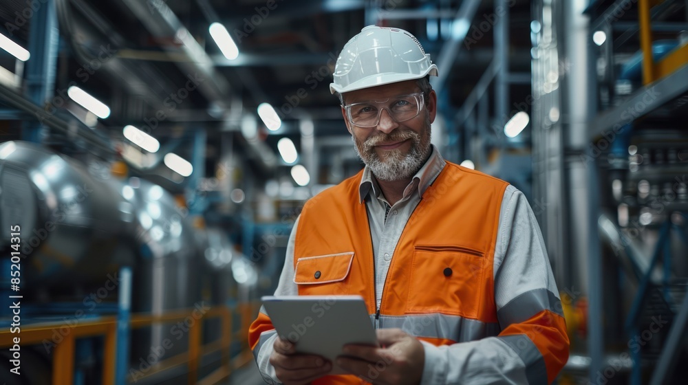 Industrial Engineer Smiling while Using Tablet in Facility Industrial Engineer Smiling while Using Tablet in Facility