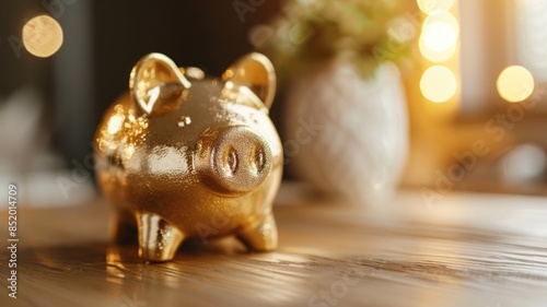 Golden piggy bank on wooden table with blurred background