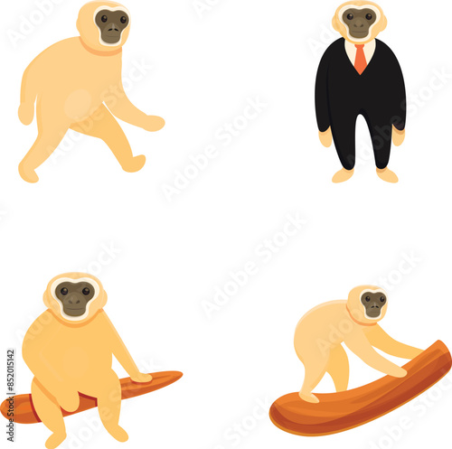 Gibbon icons set cartoon vector. Gibbon primate, mammal. Monkey, wildlife