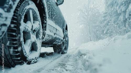 Close up realistic photo of car driving with winter tires during heavy snow blizzard © decorator