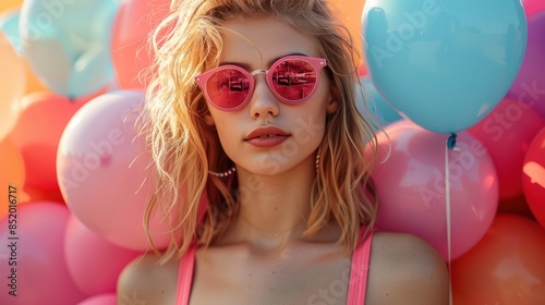 Colorful Balloon Fun with Trendy Sunglasses-Wearing Young Woman © hisilly