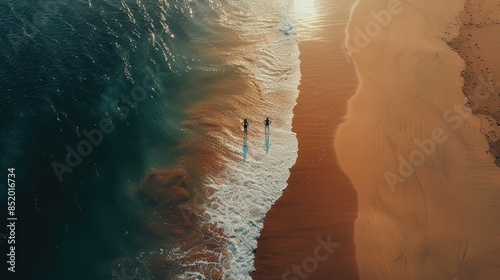 An aerial view of two individuals standing on the beach, overlooking the azure waters with surfboards in hand AIG50