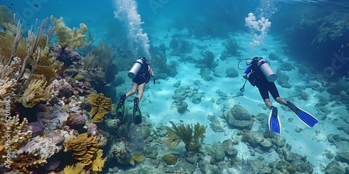 Intriguing underwater scene portrays two divers exploring colorful coral reef beneath turquoise ocean waters on peaceful adventure.