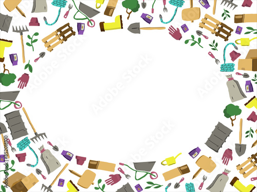 A set of hand drawn garden equipment and plants on periphery make ellipse-like space (frame) in the center to put your ads (text) inside. Gardening. Outdoor. Objects. Vector illustration.