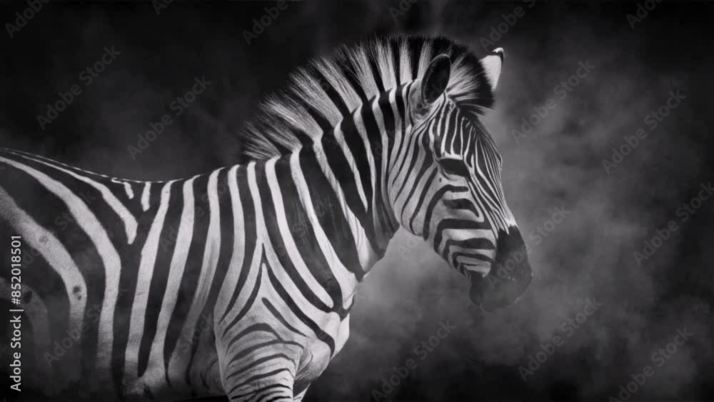 Artistic image of a zebra in black and white with black background and soft smoke