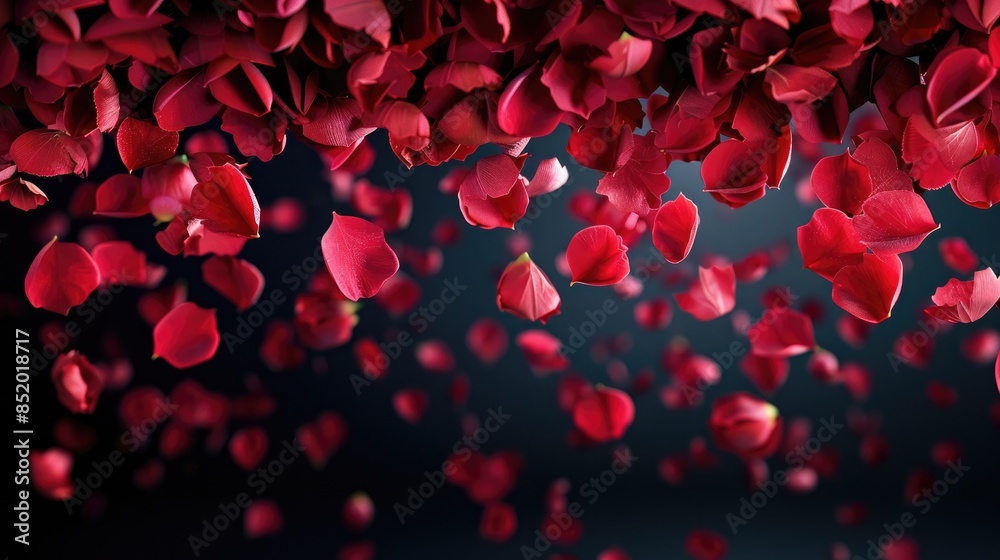 A romantic backdrop featuring a cascade of red rose petals mixed with hints of pink perfect for a heartfelt Valentine s Day card against a black background A romantic backdrop featuring a cascade of red rose petals mixed with hints of pink perfect for a heartfelt Valentine s Day card against a black background