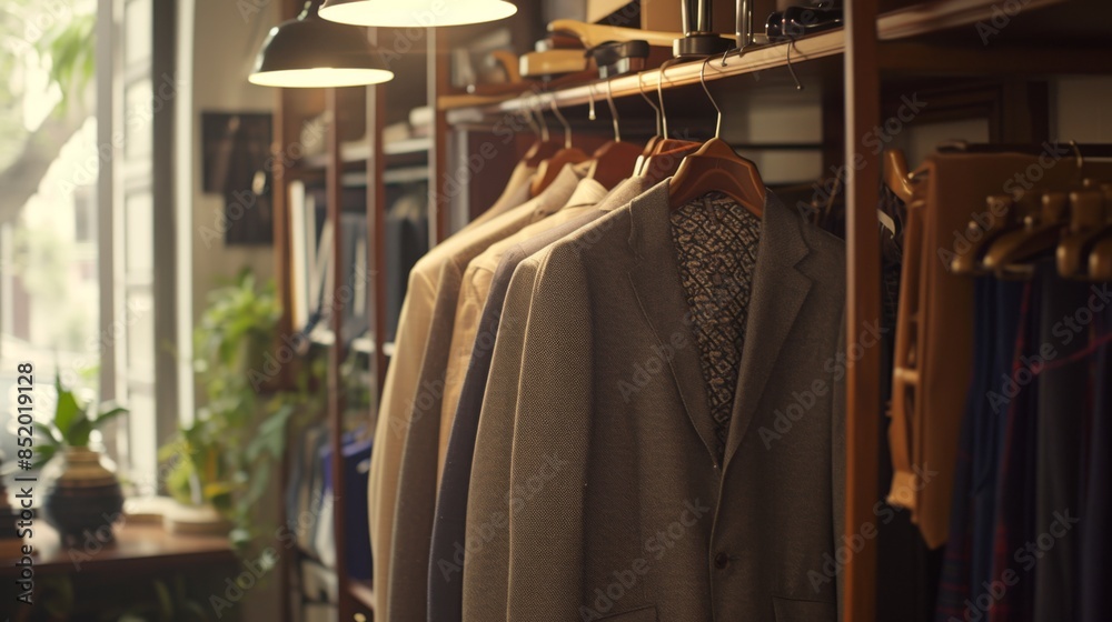 Fototapeta premium Atelier is decorated with fashionable tailored blazers hanging on a hanger
