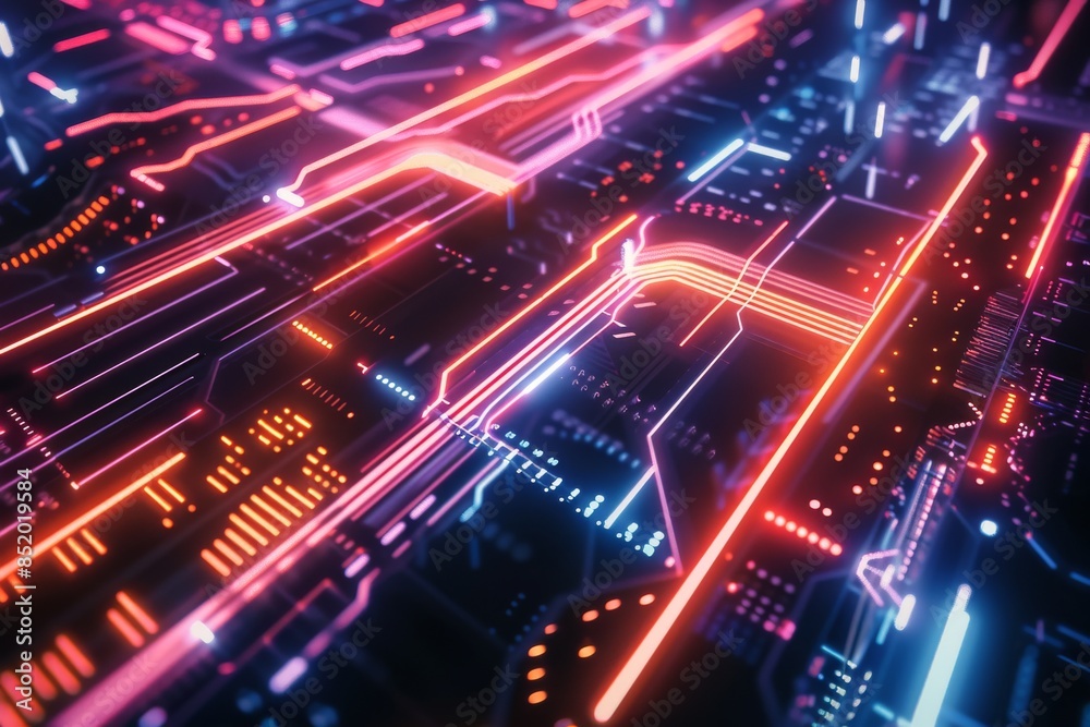 A Symphony of Neon Lights on a Digital Circuit Board A Symphony of Neon Lights on a Digital Circuit Board