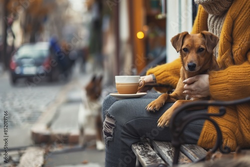 A woman in a yellow sweater enjoys coffee and a relaxing moment with her dog at a street cafe