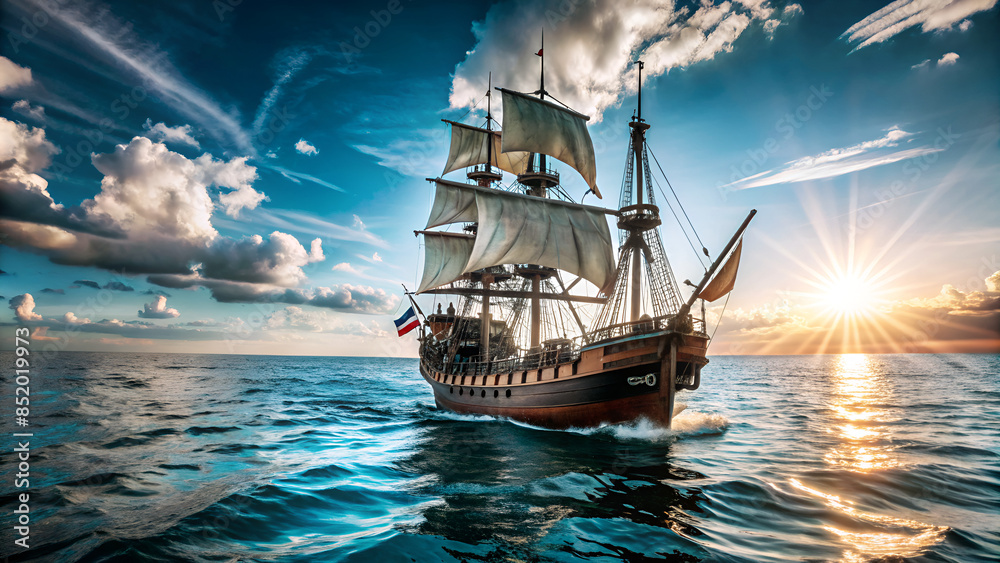 Pirate ship at the open sea at the sunset with copy space Stock ...
