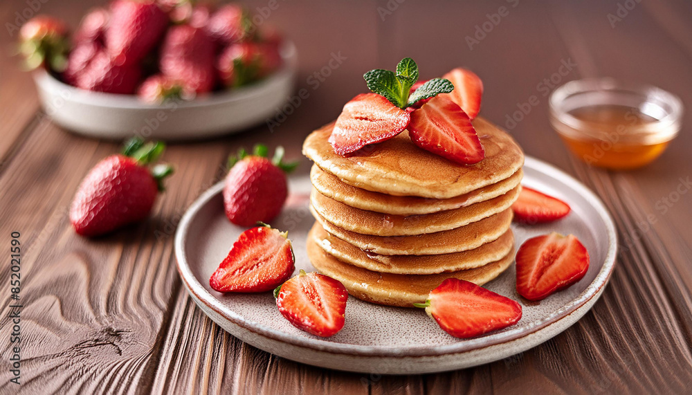 Stack of tasty pancakes with fresh strawberries on ceramic plate. Delicious food for breakfast. Stack of tasty pancakes with fresh strawberries on ceramic plate. Delicious food for breakfast.